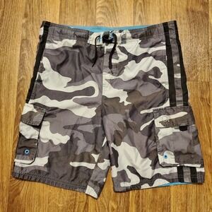 Vintage 90s Ocean Pacific‎ Swim Trunks Men 32 Large Gray Camo Cargo Mesh Lined